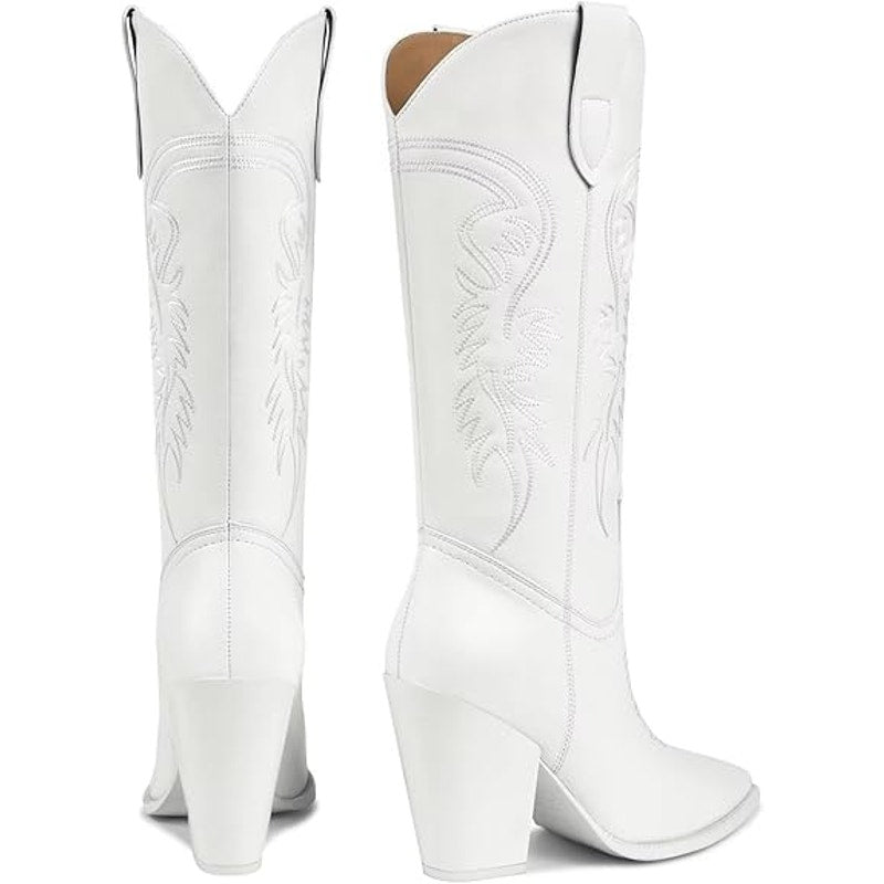 New Isnom Womens Size 10 White Faux Leather 4" Heel Knee High Western Boots