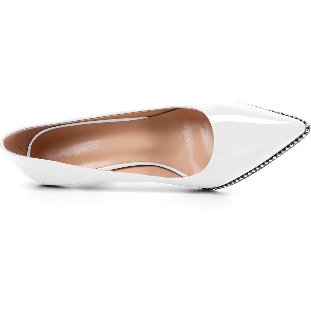 Sammitop Womens Size 8 White Patent Leather Pointy Toe 3.5" Heel Beaded Pumps