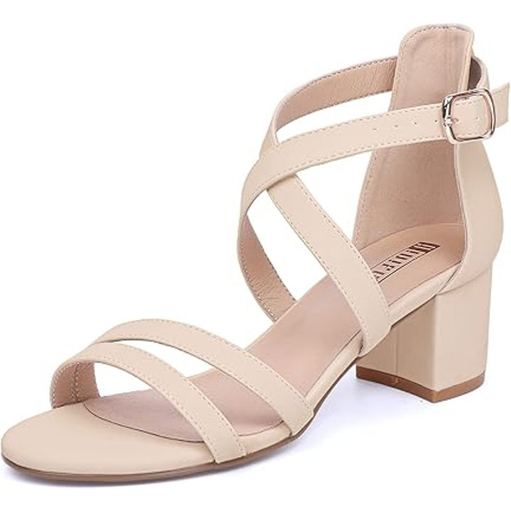 idifu Womens 9.5 Pinky Tan Open Toe 2.25" Block Heel Ankle Strap Sandal Shoes