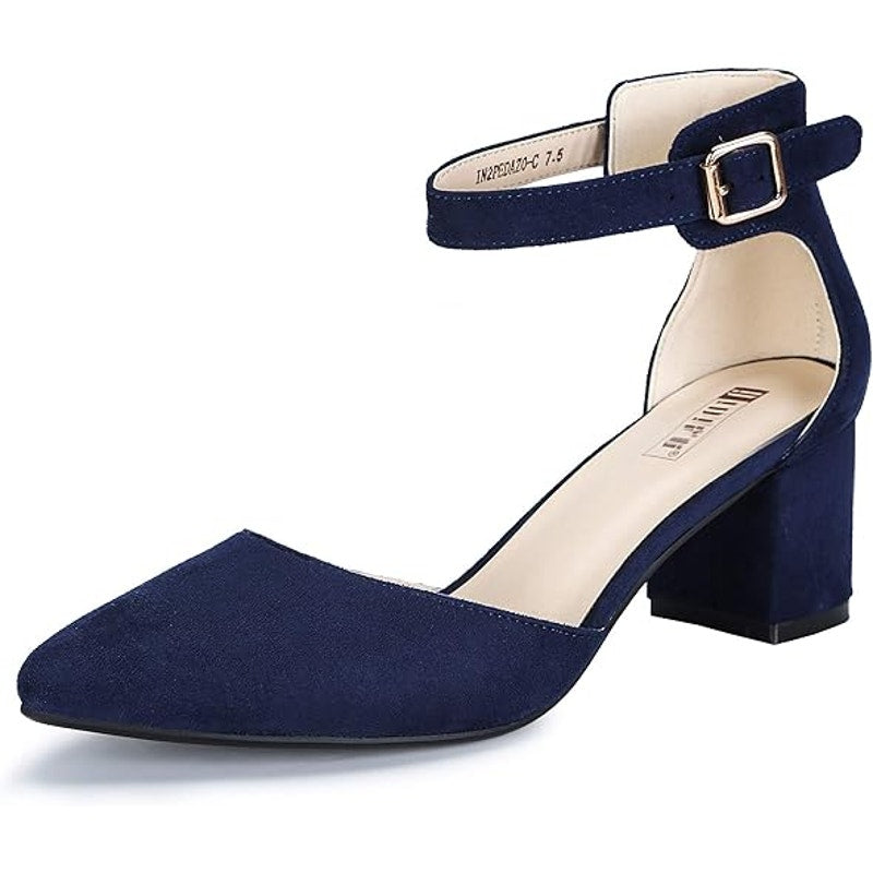 Idifu Womens Size 6 Navy Faux Suede Closed Toe 2" Block Heel Ankle Strap Shoes
