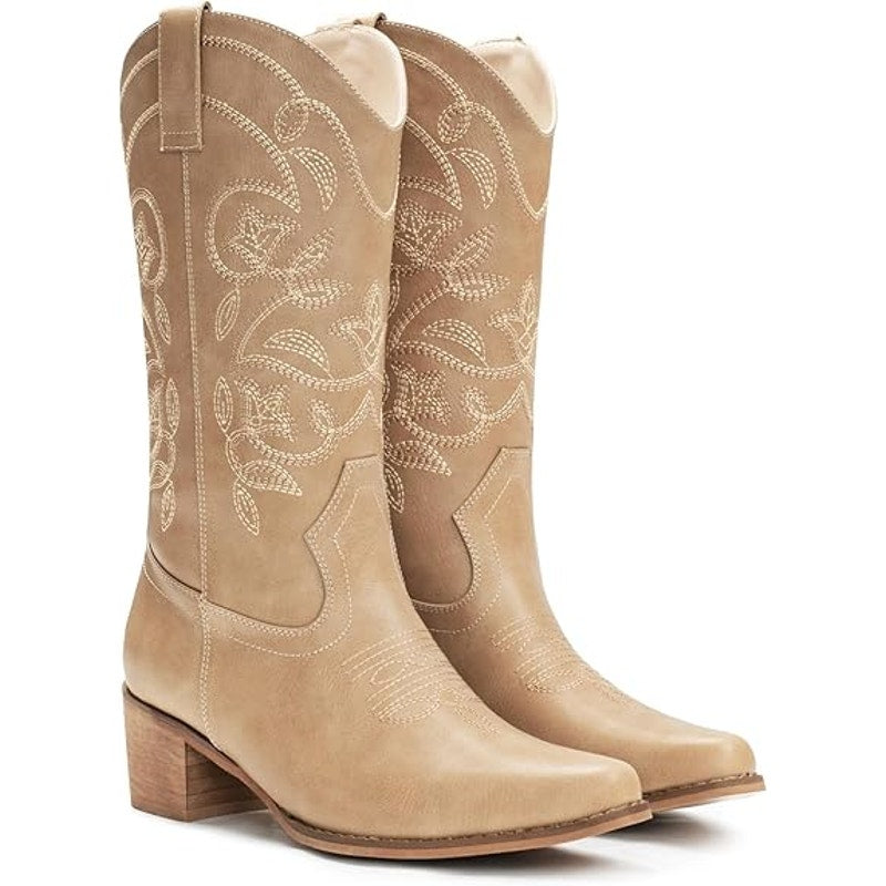 IUV Womens Size 8 Brown Faux Leather 2" Block Heel Mid Calf Western Cowboy Boots