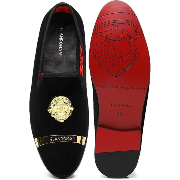 Elanroman Mens Size 9 Black Velvet Gold Slip On Low Heel Loafers Formal Shoes