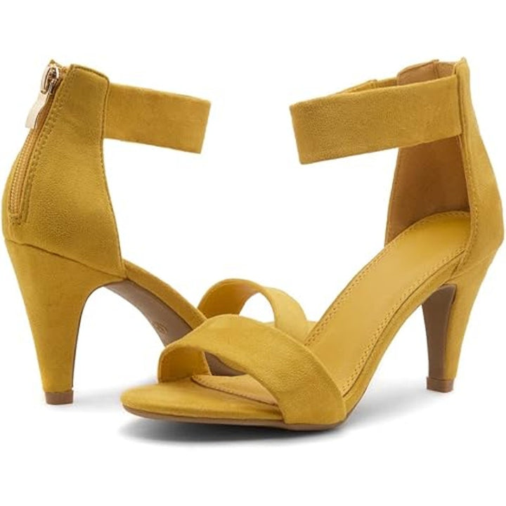 New Herstyle Women 7 Mustard Yellow Faux Suede 3.5" Heel Open Toe Sandals w Flaw