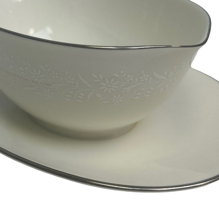 White Floral Noritake Ivory China Lorelei Attached Gravy Boat Saucer Silver Rim