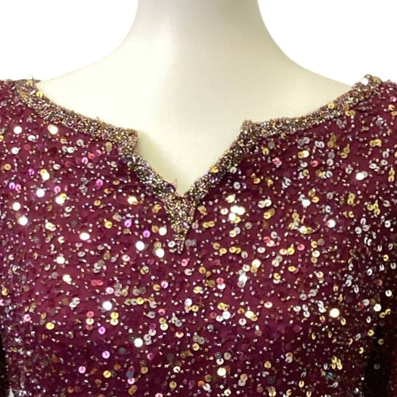 Scala Womens Size XL Wine Red Silk Zip Up V-Neck Fully Lined Formal Sequin Top