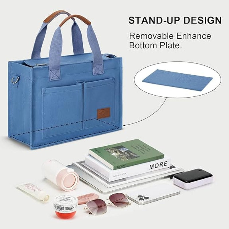 New Kkxiu Denim Blue Canvas Oversized Zip Up Many Compartments CrossbodyTote Bag