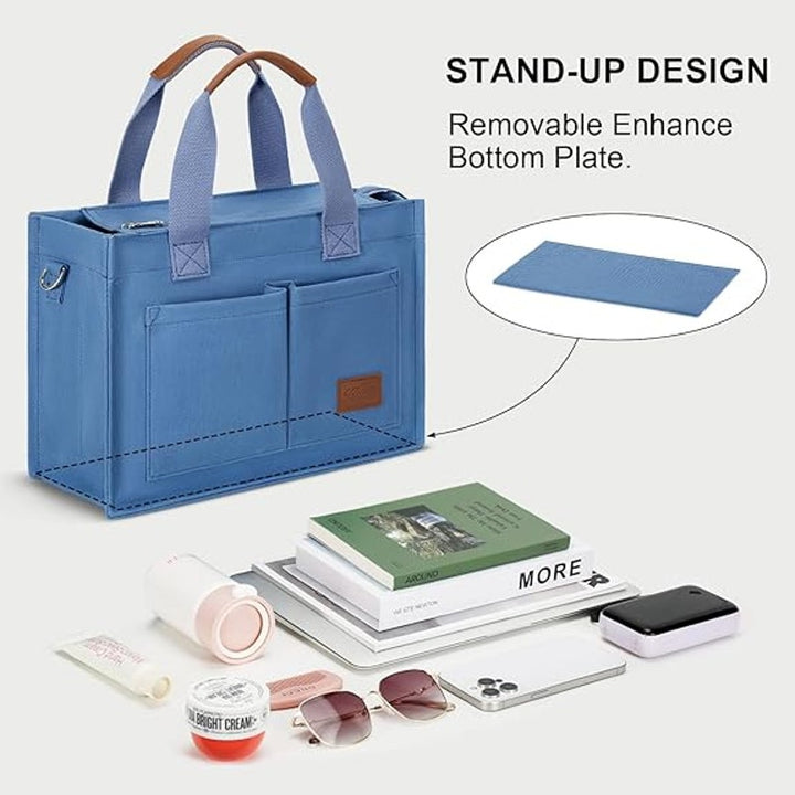 New Kkxiu Denim Blue Canvas Oversized Zip Up Many Compartments CrossbodyTote Bag