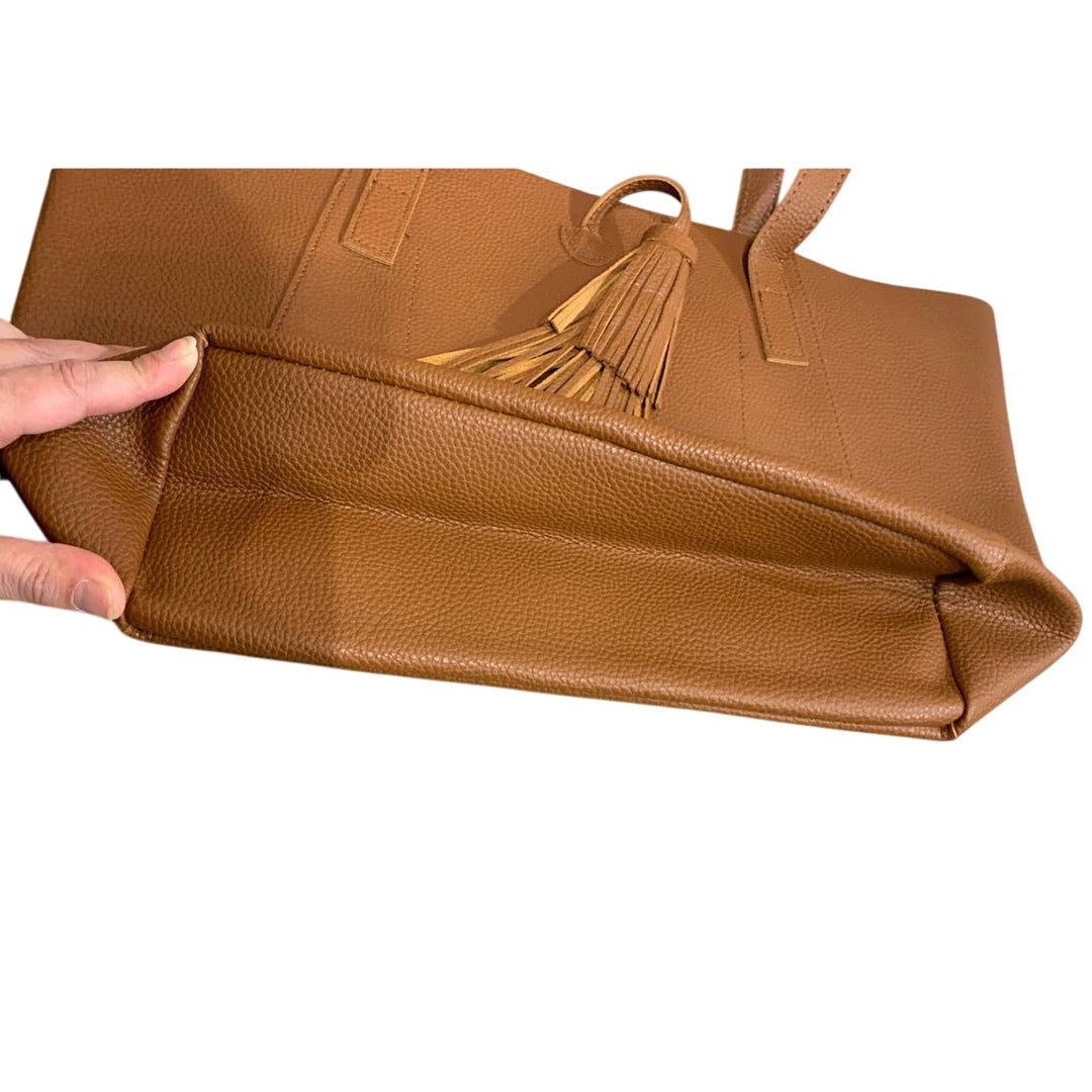 Nice Tanger Basic Cognac Brown Faux Pebbled Leather PVC Large Handbag w Tassel