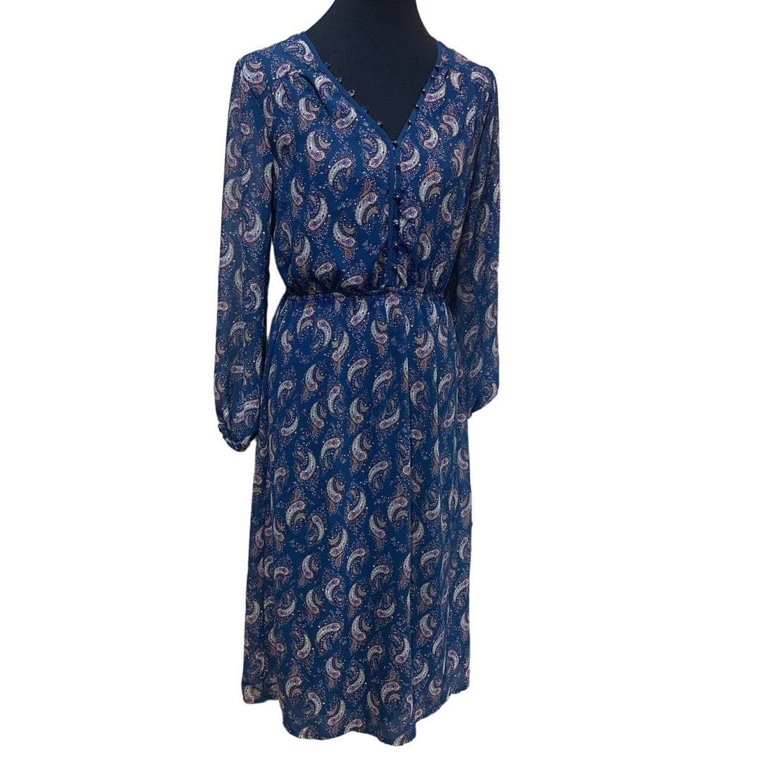 DR2 Medium Long Blouson Sleeve Lightweight Paisley Button Front Lined Dress