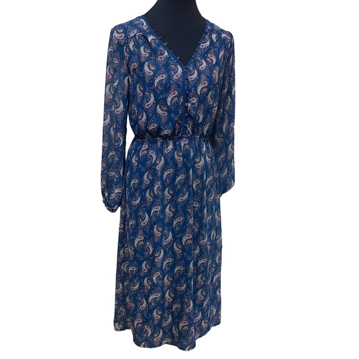 DR2 Medium Long Blouson Sleeve Lightweight Paisley Button Front Lined Dress