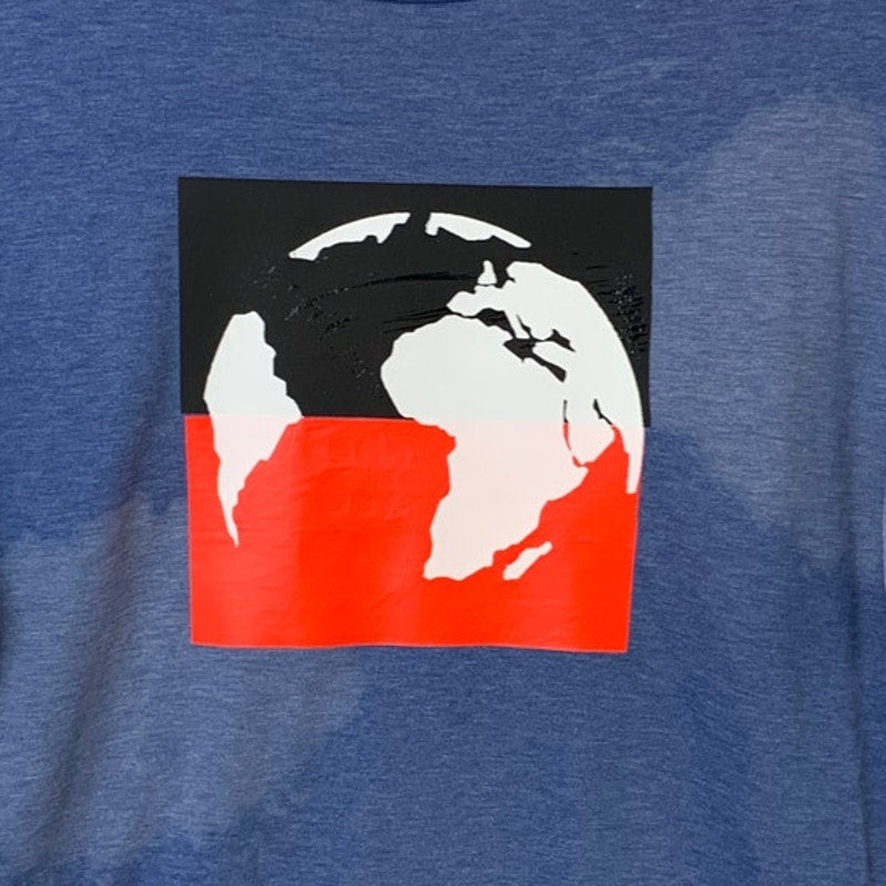 Upcycled Hand Printed Womens Medium Blue Save Planet Earth Bleached Tee Shirt
