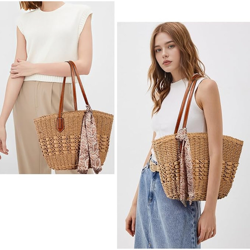 New Trifabricy (no sash) Tan Woven Straw Double Handle Shoulder Purse Handbag