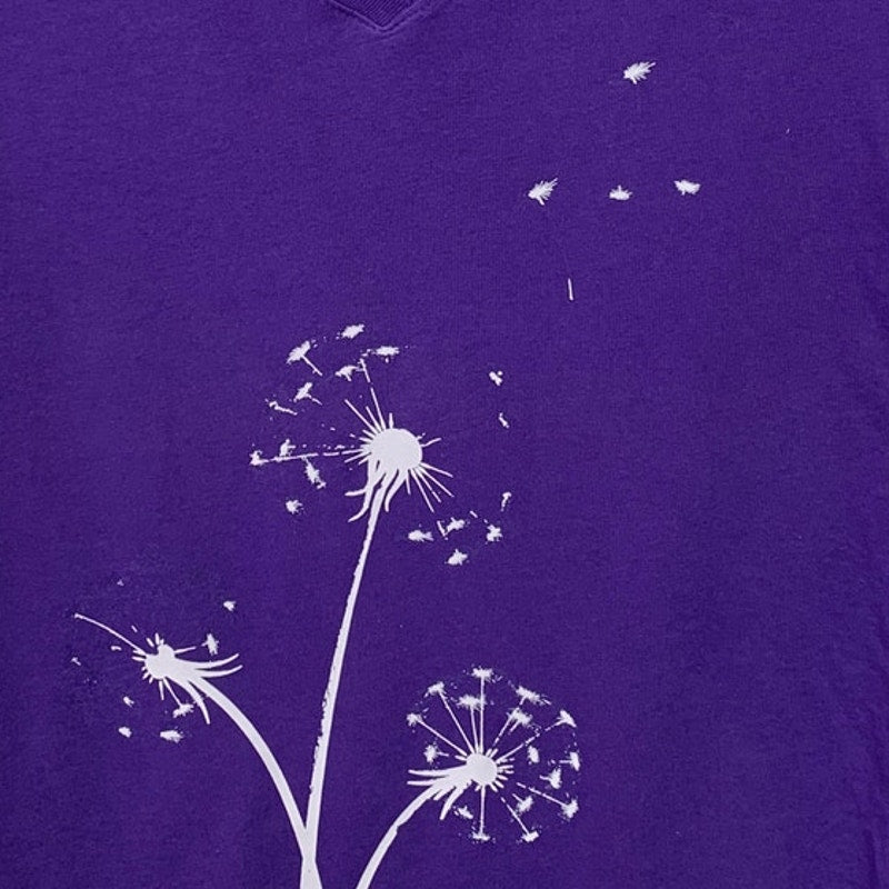 Upcycled Hand Printed Womens Small Dandelion Wish Short Sleeve V Neck Tee Shirt