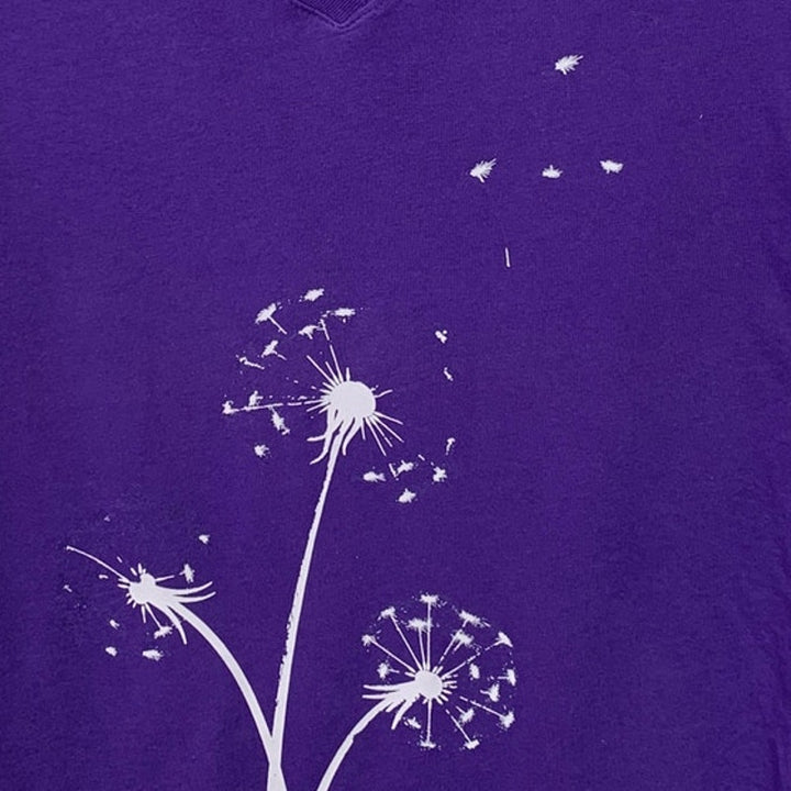 Upcycled Hand Printed Womens Small Dandelion Wish Short Sleeve V Neck Tee Shirt