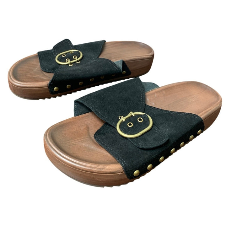 Ubfen Womens 9.5 Black Faux Suede Slide On Buckle Cushion Footbed Sandal Shoes