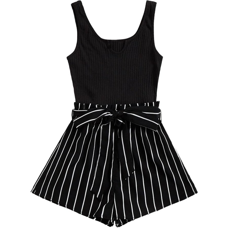 Soly Hux Womens Large 100% Polyester Sleeveless Ribbed Striped Belt Tie Romper