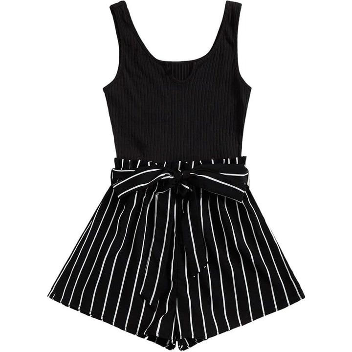 Soly Hux Womens Large 100% Polyester Sleeveless Ribbed Striped Belt Tie Romper