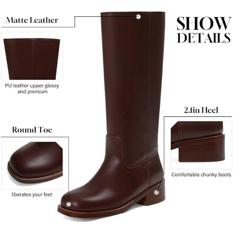 FemFlame Womens 8.5 Dark Brown 1.5" Heel Knee High Boots Closed Square Toe Shoes