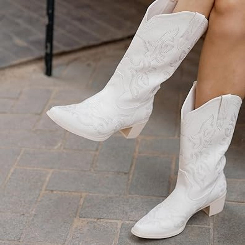 IUV Womens Size 8 White Faux Leather 2" Block Heel Pull On Western Cowboy Boots