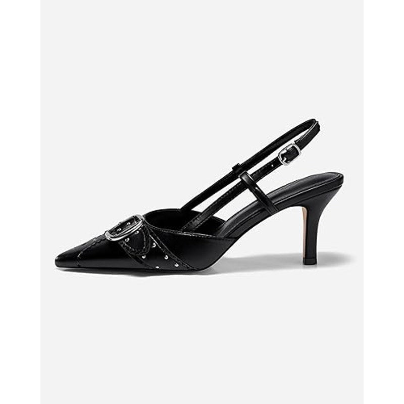 Coutgo Womens Size 7 Black Silver Buckle Studs Slingback Heels Closed Toe Shoes