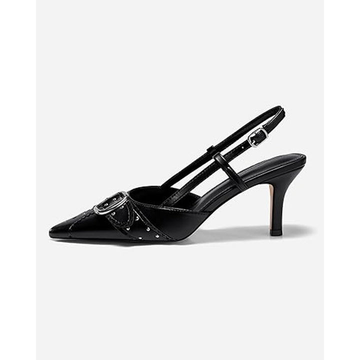 Coutgo Womens Size 7 Black Silver Buckle Studs Slingback Heels Closed Toe Shoes
