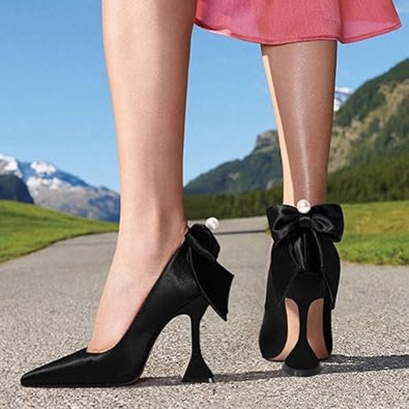 YDN Women Size 7 Black Satin Bow Pointy Toe Slip On 3.5" Heel Formal Event Shoes
