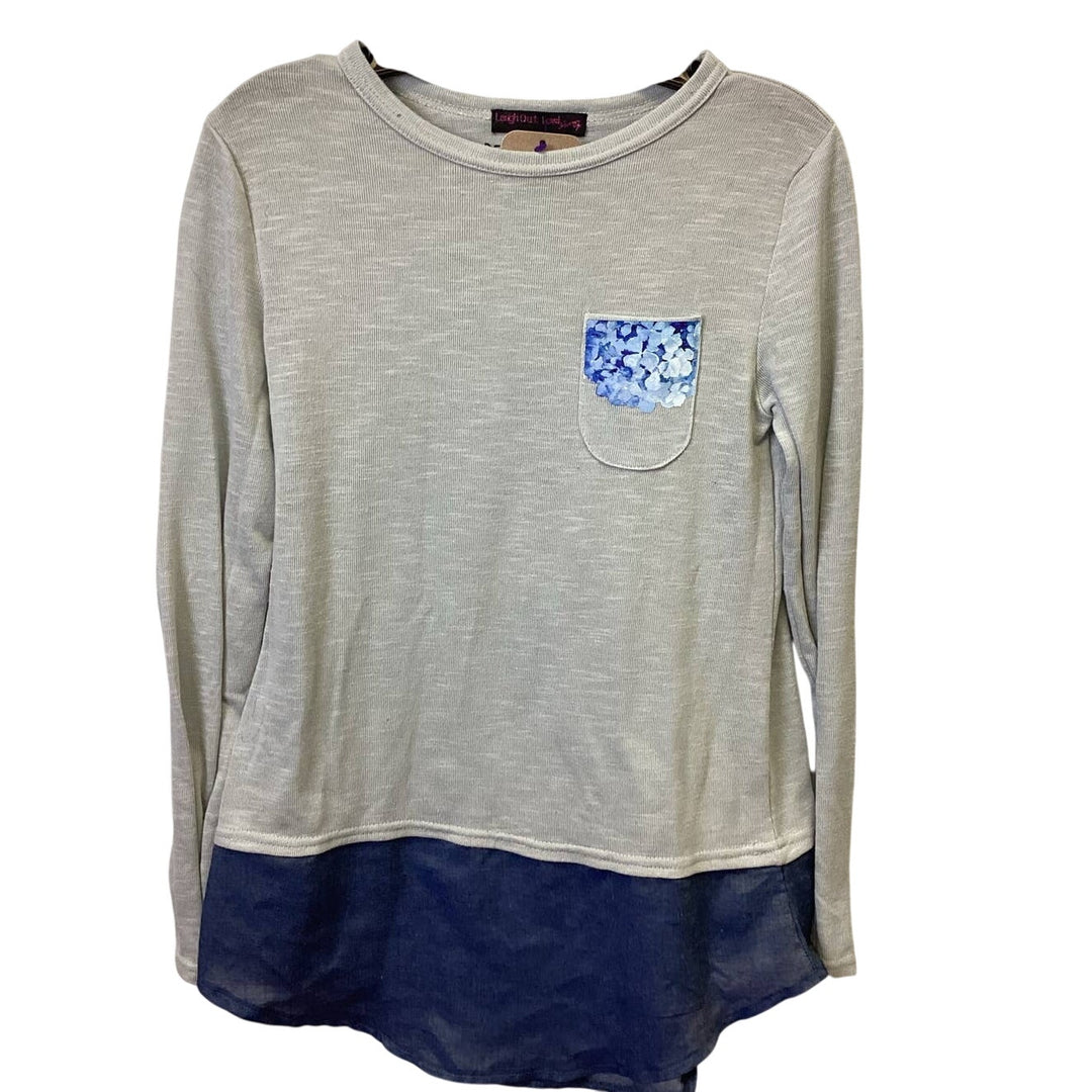 Upcycled Hand Printed Girls Small Long Sleeve Hydrangea Pocket Sweater Shirt
