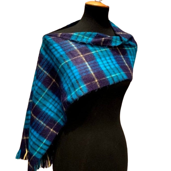 Handmade Upcycled Cashmere Feel Acrylic Soft Blue Plaid Warm Poncho Wrap