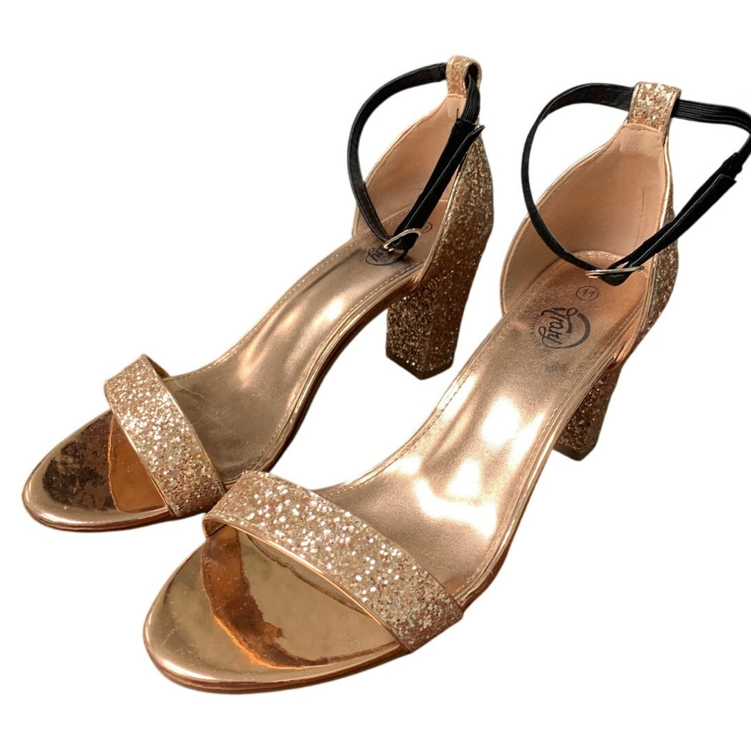 Trary Women Size 11 Rose Gold Glitter Ankle Strap 3.5" Block Heel Open Toe Shoes