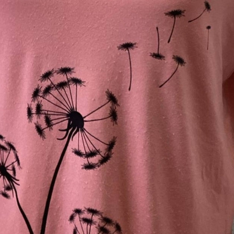 Hand Printed Upcycled Medium Dandelion Make a Wish V-Neck Long Sleeve Tee Shirt