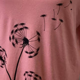 Hand Printed Upcycled Medium Dandelion Make a Wish V-Neck Long Sleeve Tee Shirt