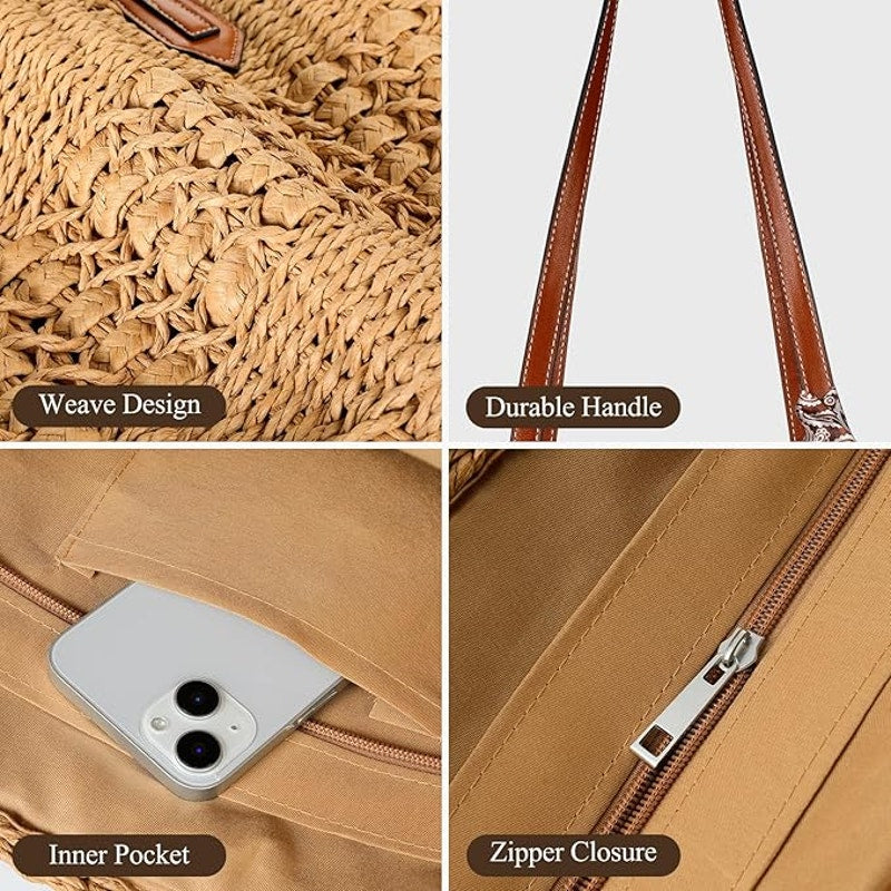 New Trifabricy (no sash) Tan Woven Straw Double Handle Shoulder Purse Handbag