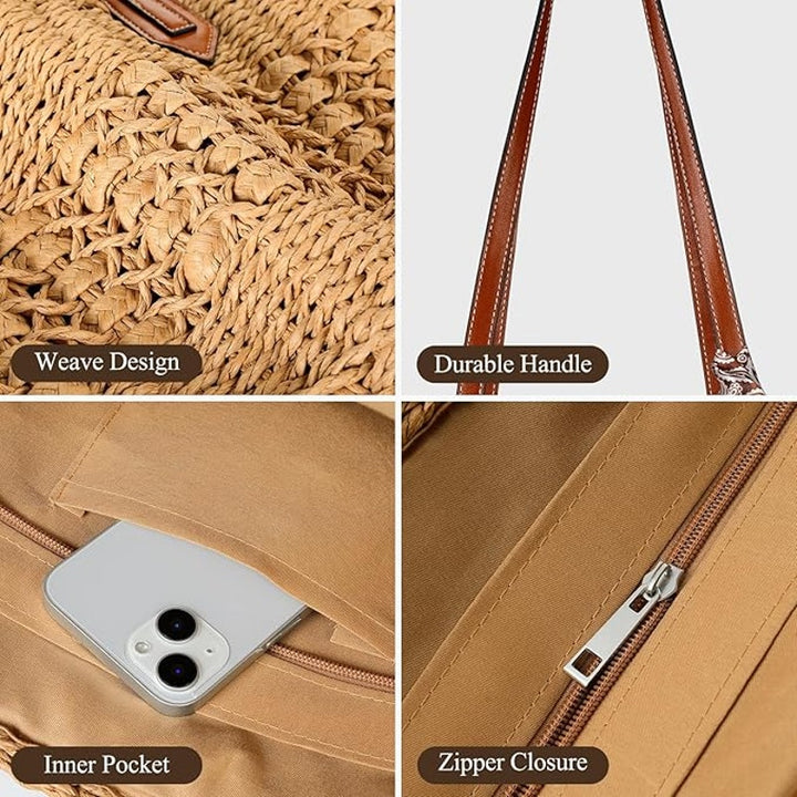 New Trifabricy (no sash) Tan Woven Straw Double Handle Shoulder Purse Handbag