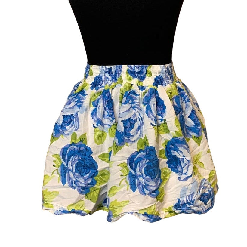Abercrombie &amp; Fitch Medium Blue Floral Cotton Blend Short Elastic Waist Skirt