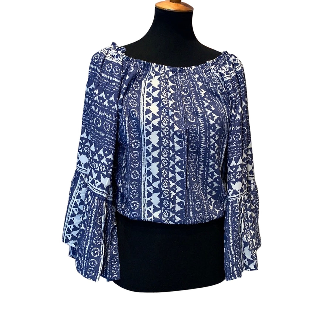 Elan Medium Boho Tribal Bell Sleeve Off Shoulder Polyester Crop Top Blouse