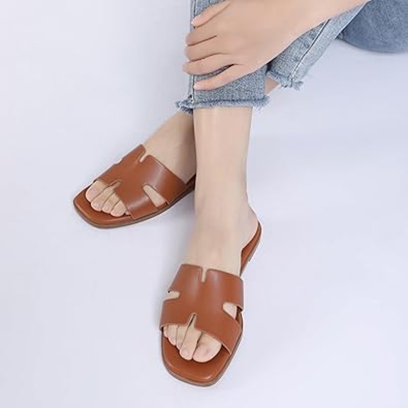 Rihero Womens Size 7 Brown Faux Leather Open Toe Slide On Dressy Flat Sandals