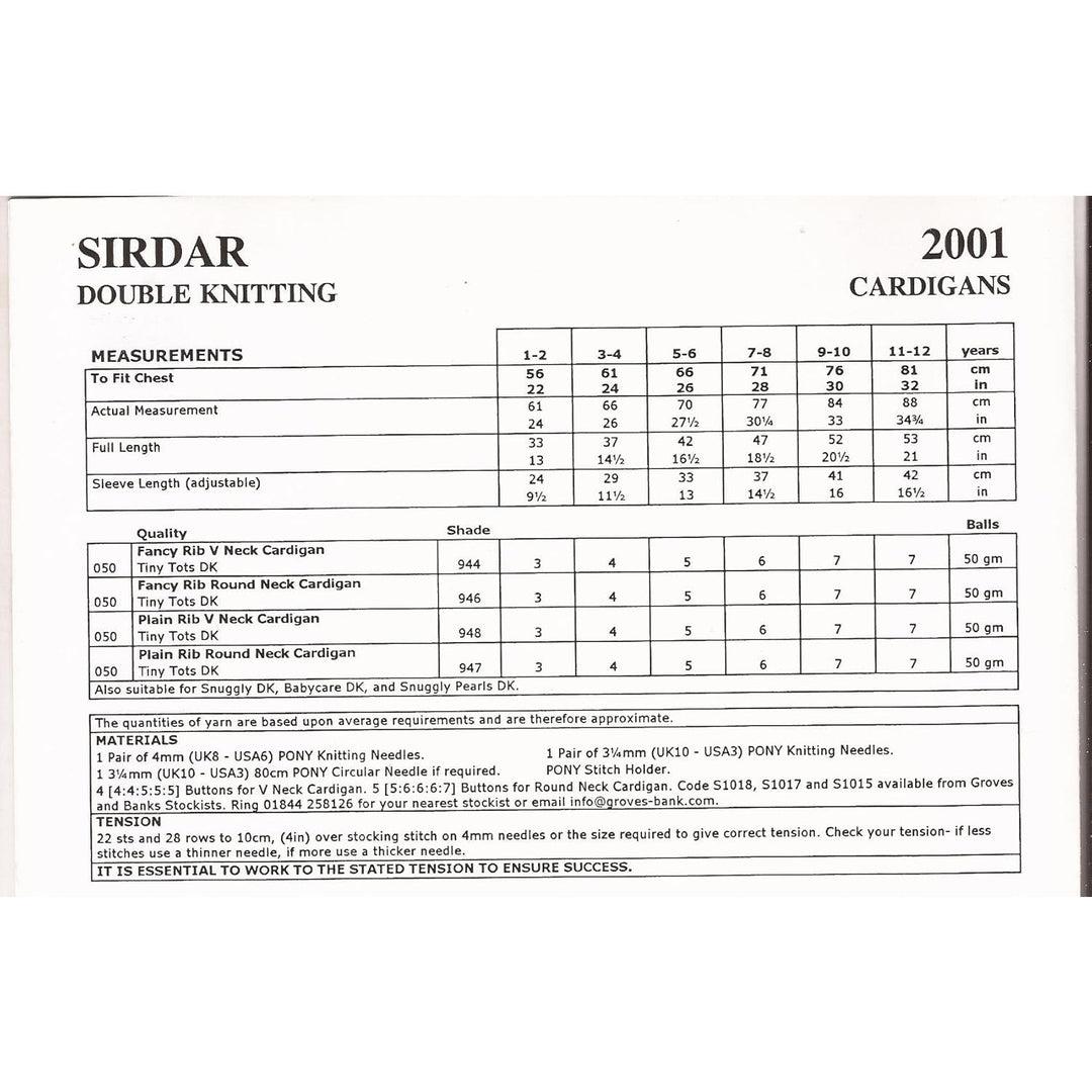 New Sirdar 2001 Tiny Tots DK Girls Toddlers Cardigan Sweater Knitting Pattern