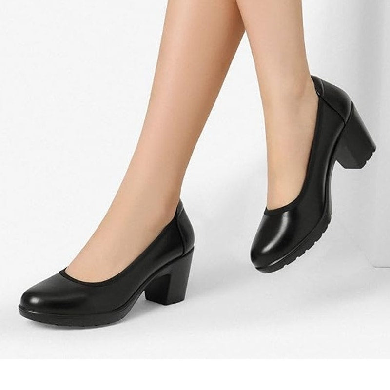 Dream Pairs Womens Size 7.5 Black Faux Leather 3" Chunky Heel Closed Toe Pumps