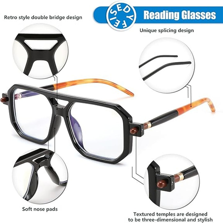Feisedy Womens Black Vintage Square Blue Light Blocking +2.5 Reading Glasses