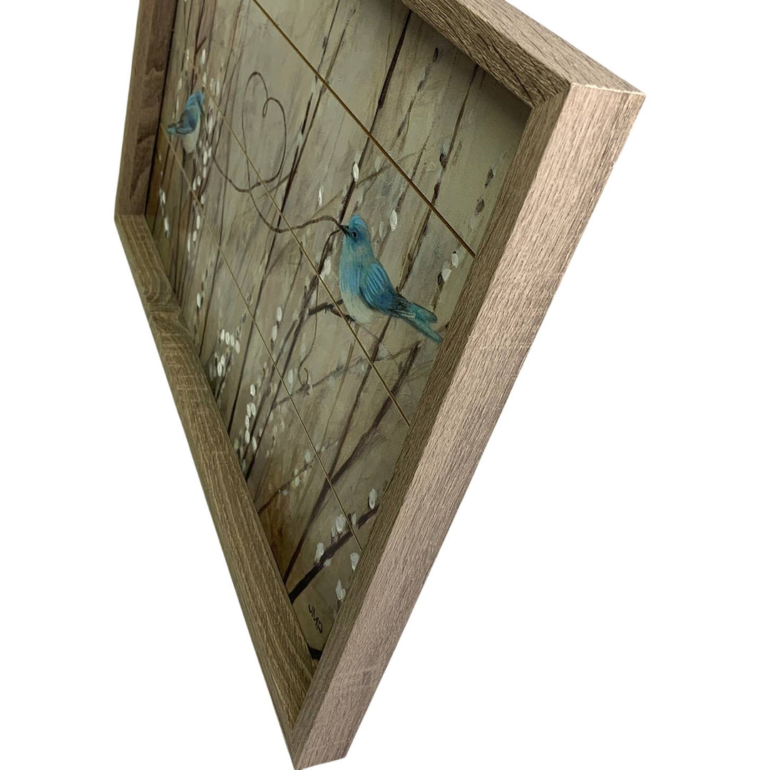 Double Bluebird Tree Branch Heart Pussywillow Wood Tray Hanging Wall Art
