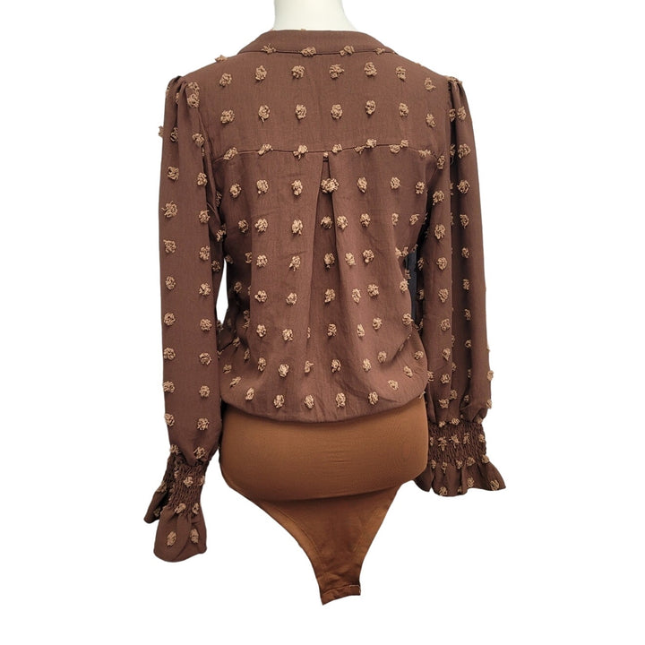 B Womens Small 100% Polyester Long Smocked Sleeve Textured Polka Dot Bodysuit