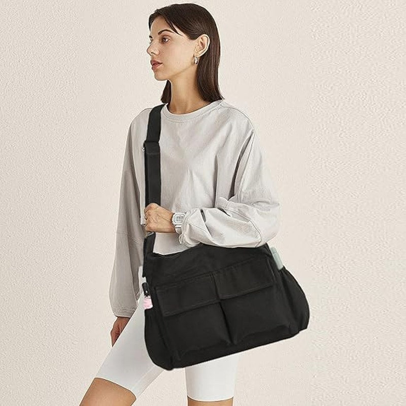 Vodiu Large Black Canvas Messenger Multi Pocket Adjustable Strap Crossbody Bag