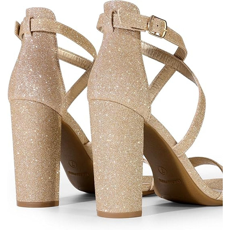 New Dream Pairs Womens 8.5 Gold Glitter 4" Block Heel Open Toe Ankle Strap Shoes