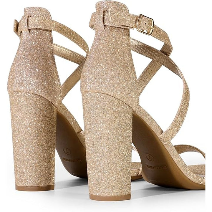New Dream Pairs Womens 8.5 Gold Glitter 4" Block Heel Open Toe Ankle Strap Shoes