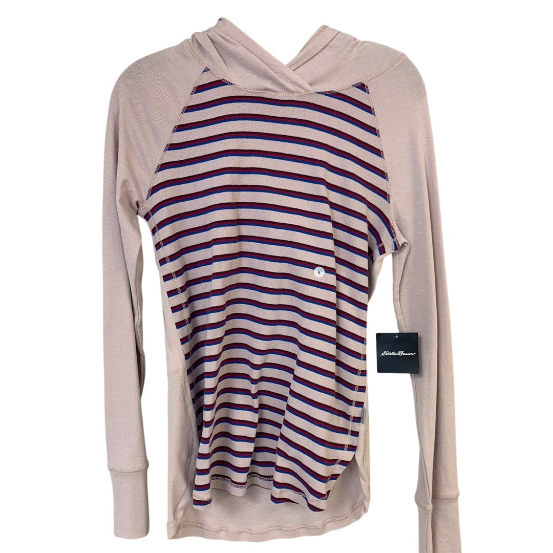 New Eddie Bauer Womens Small Pale Lavender Striped Pullover Hooded Tee Shirt