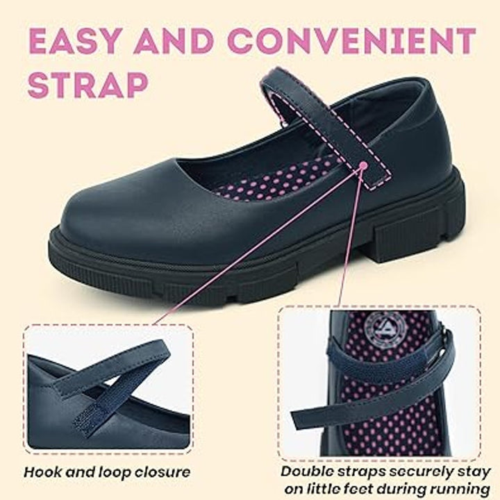 Jabasic Toddler Girls Size 8 Navy Blue Hook Loop Low Heel Mary Jane School Shoes