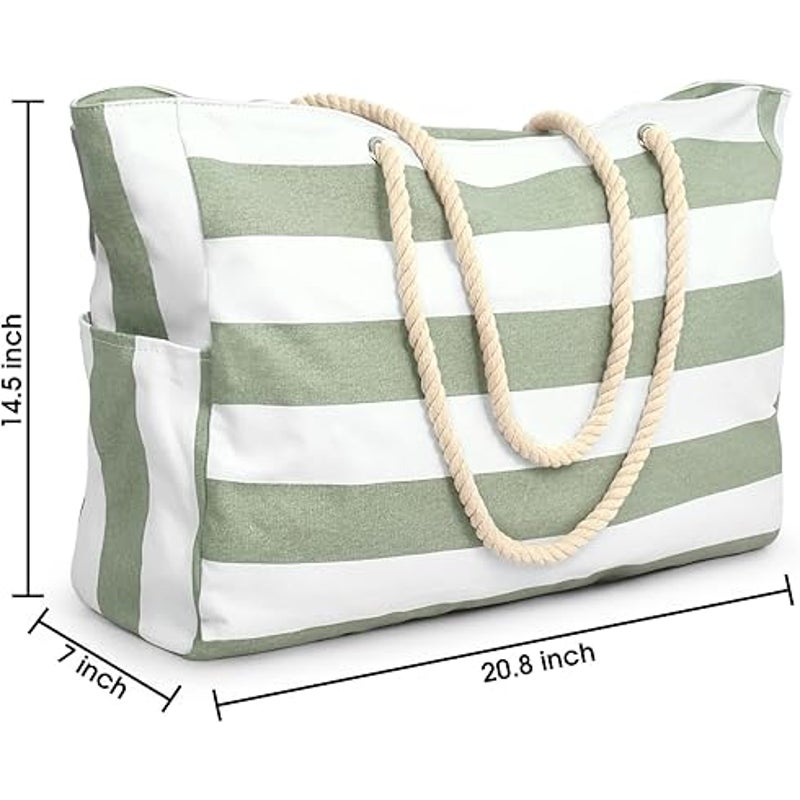 New Becokan Large Green White Striped Waterproof Sandproof Canvas Beach Tote Bag