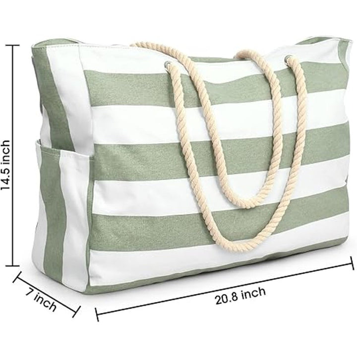 New Becokan Large Green White Striped Waterproof Sandproof Canvas Beach Tote Bag
