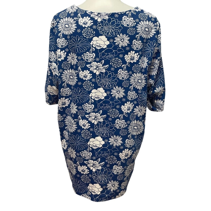 Blair Womens XL Blue White Floral Short Sleeve Cotton Blend Long Tee Shirt Tunic