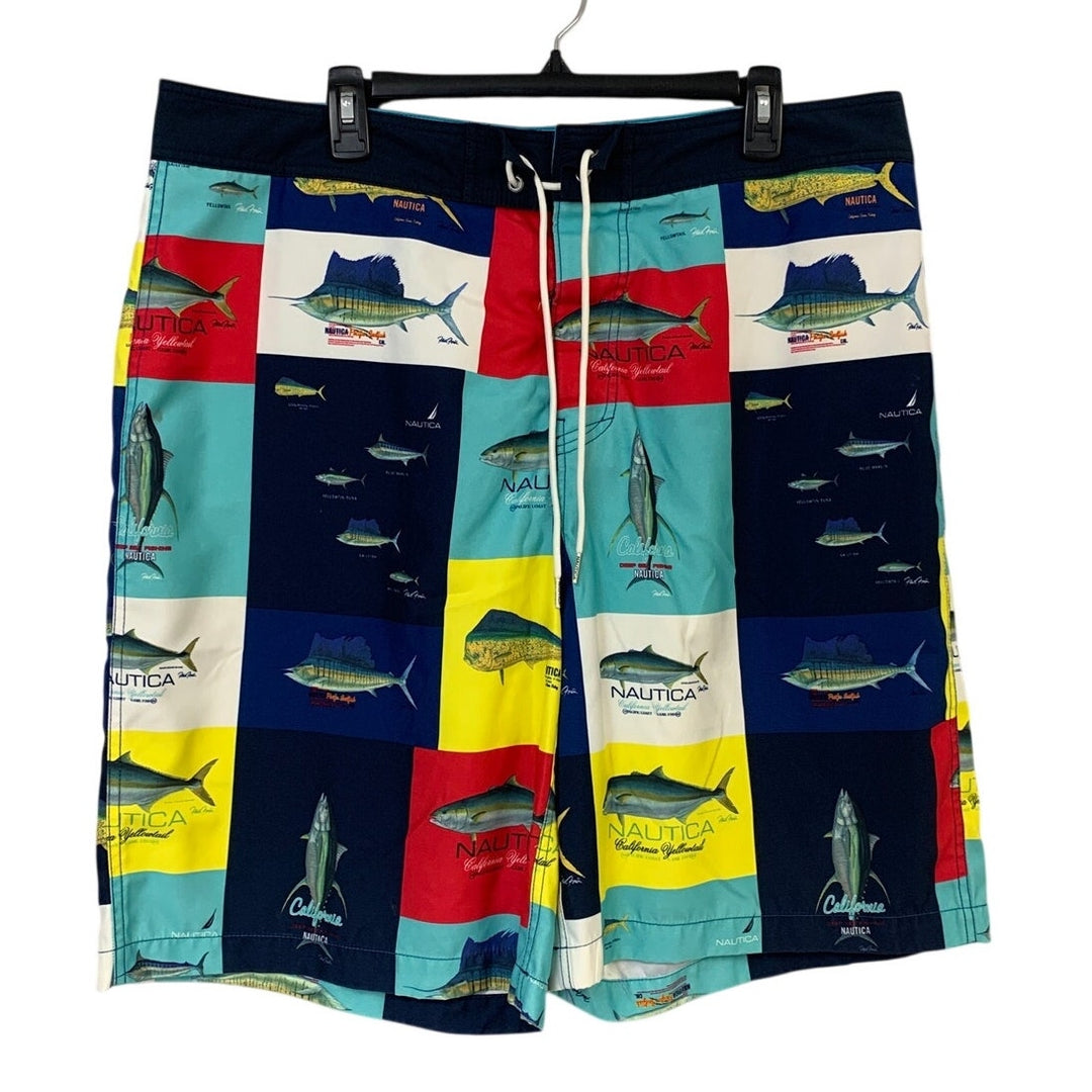 Nautica Mens 38W 100% Polyester Tuna Sailfish Blue Malin Yellowtail Swim Shorts euc
